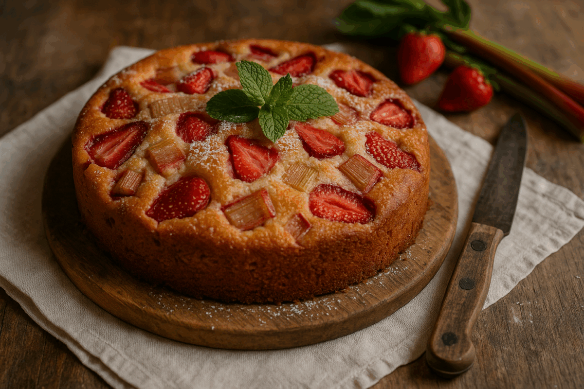 Gâteau moelleux fraise rhubarbe sur planche en bois, décoration menthe, photo rustique en lumière naturelle