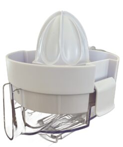 Accessoire presse-agrumes seul avec son cône et son récipient à jus transparent, sur fond blanc