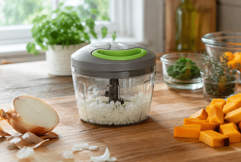 Hachoir manuel posé sur un plan de travail avec des légumes hachés préparés pour le batch cooking de la semaine