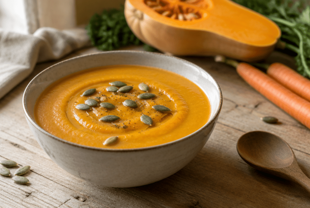 Bol de soupe de courge butternut onctueuse avec graines de courge, carottes et courge coupée en arrière-plan